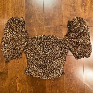 Leopard Ruched Puff Sleeve Crop Top